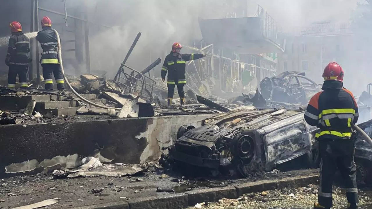 Destroyed building in Russian missile strikes