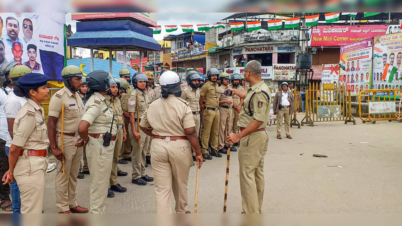 Shivamogga: Police personnel deployed to maintain law and order after a dispute ...