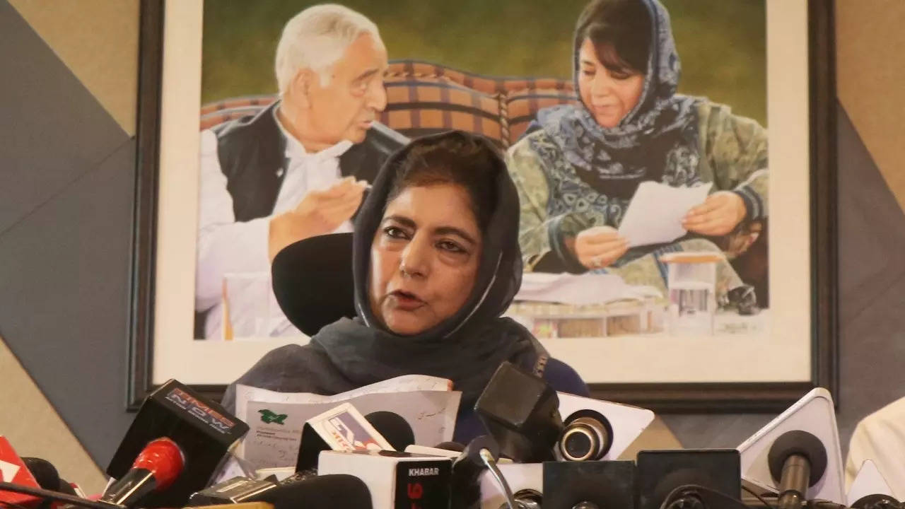 Peoples Democratic Party chief Mehbooba Mufti addresses during a press conference in Srinagar