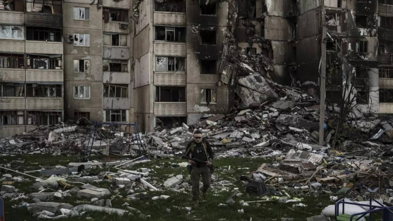 Damaged building in Ukraine's Kharkiv region