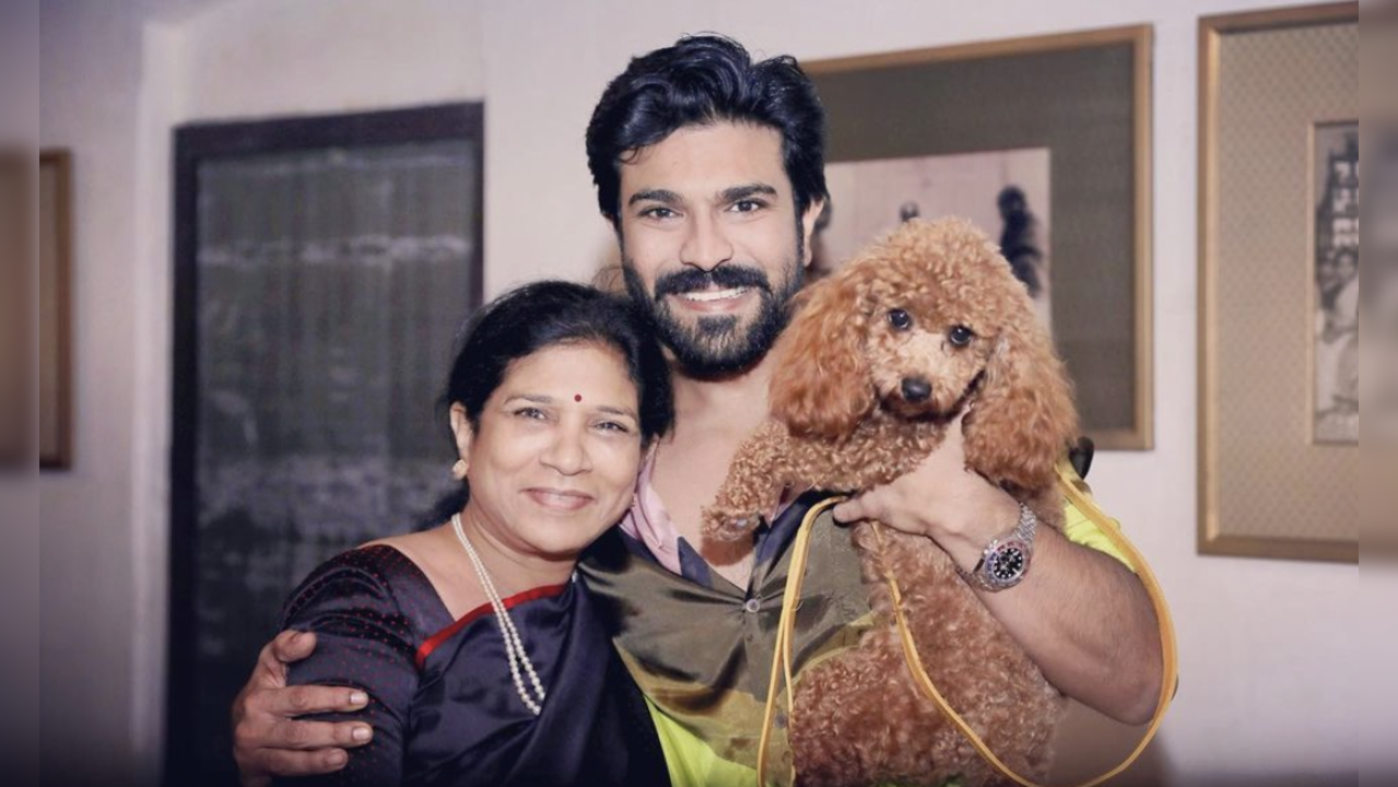 Ram Charan with mother and his pet