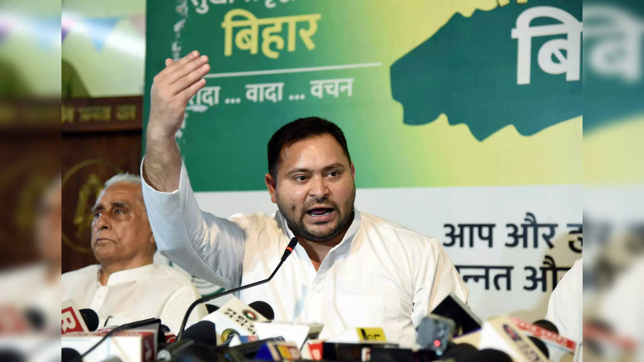 Patna, Aug 25 (ANI): Bihar Deputy Chief Minister Tejashwi Yadav addresses a pres...