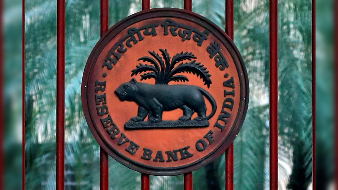 Reserve Bank of India logo is seen at the gate of its office