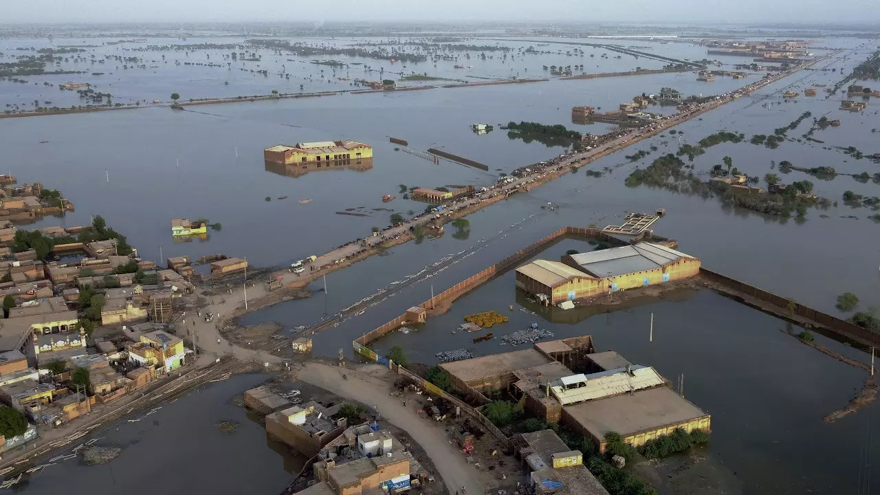 Homes are surrounded by floodwaters in Sohbat Pur city, a district of Pakistan's southwestern Baluchistan province