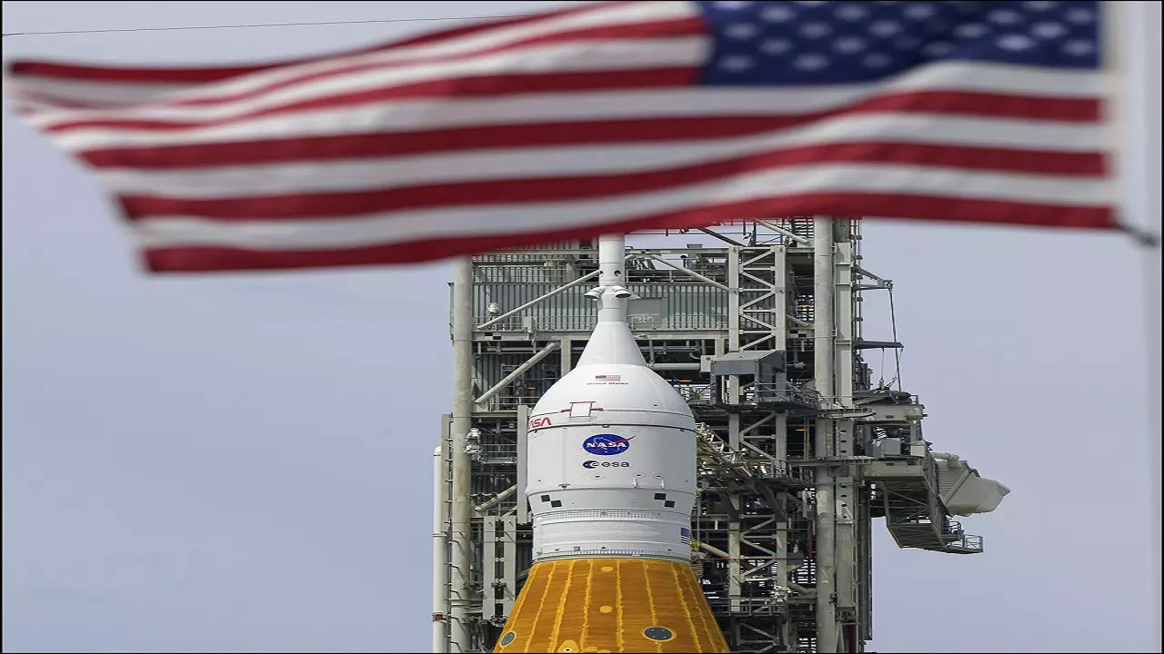 NASA Space Launch System rocket and Orion spacecraft at Kennedy Space Center in Florida, USA on Aug 28, 2022.
