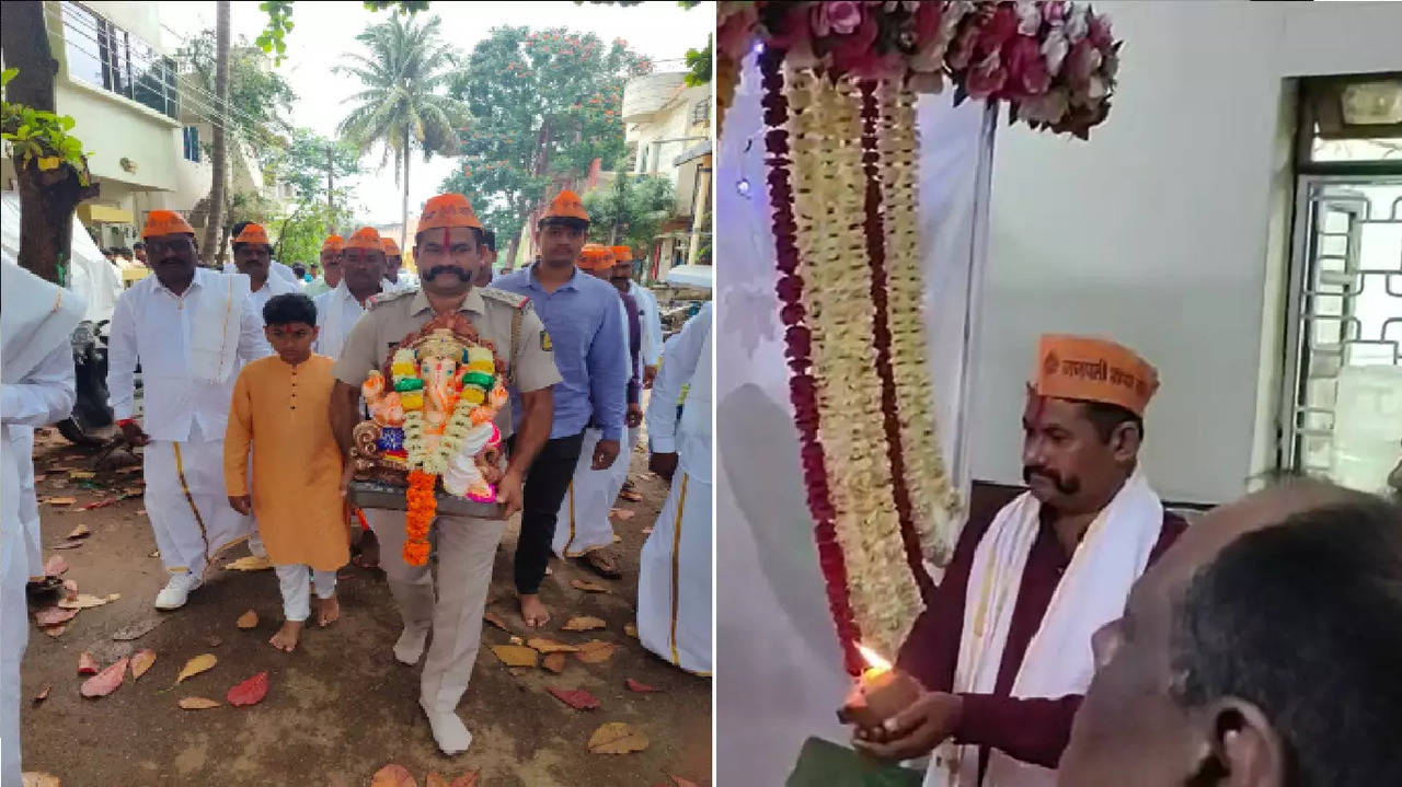 The police officer was also seen carrying the Ganesha idol with barefoot.