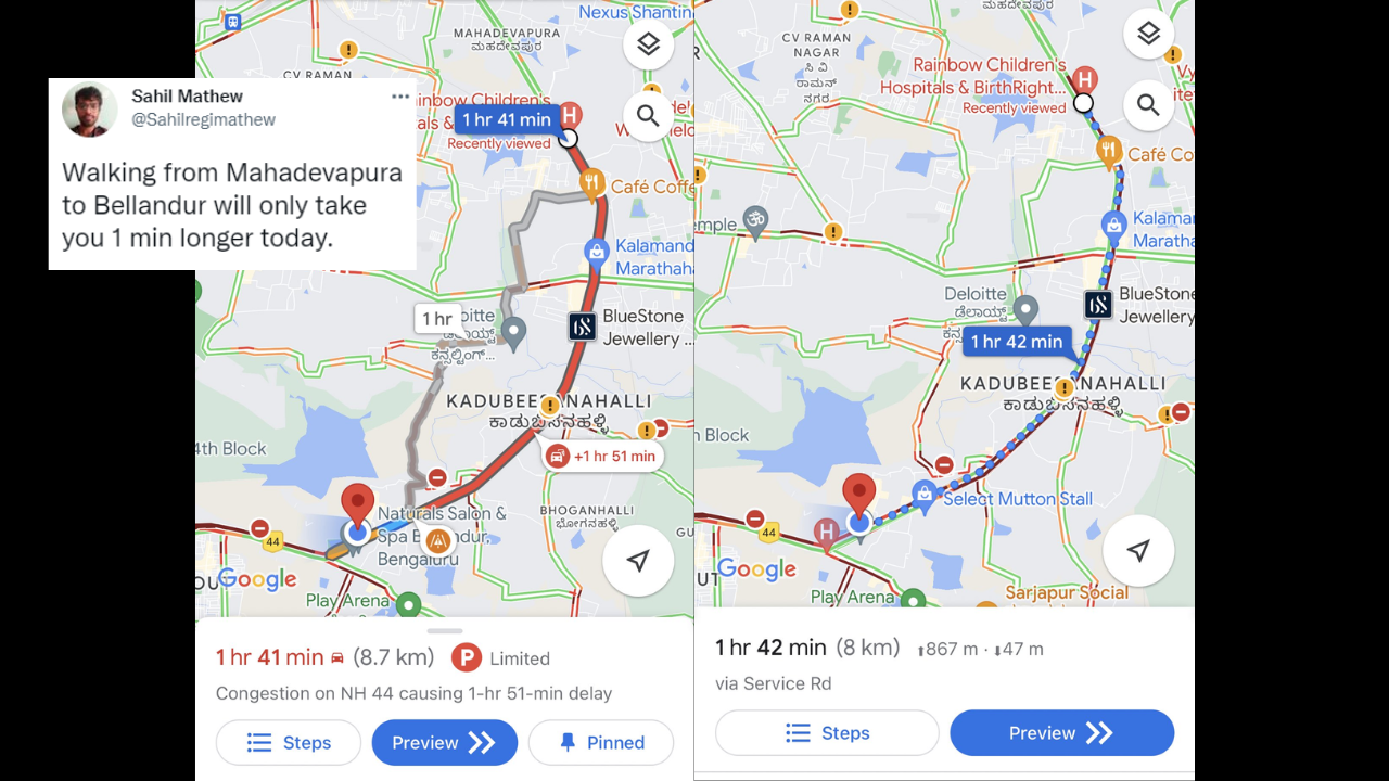 Walking 8 km takes just 1 minute longer than driving amid rain in Bengaluru, shows Google Maps