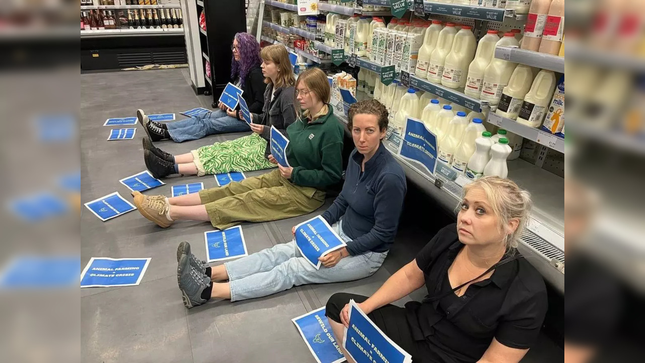 Vegan activists block milk aisles in a supermarket in the UK | Picture courtesy: Facebook/Animal Rebellion