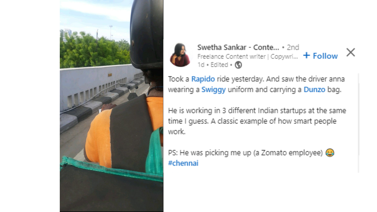 Chennai man works for Swiggy, Rapido and Dunzo at the same time