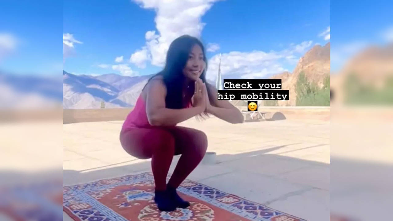 In a recent post, Ankita Konwar who currently seems to be vacationing in Ladakh, checked hip mobility levels by performing a few exercises on a rug with a mesmerising backdrop of the hills. (Photo credit: Ankita Konwar/Instagram)