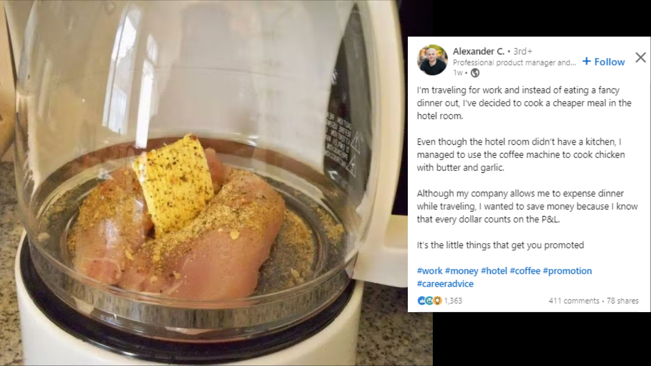 Man shares whole story behind cooking chicken in hotel's coffee machine to save money