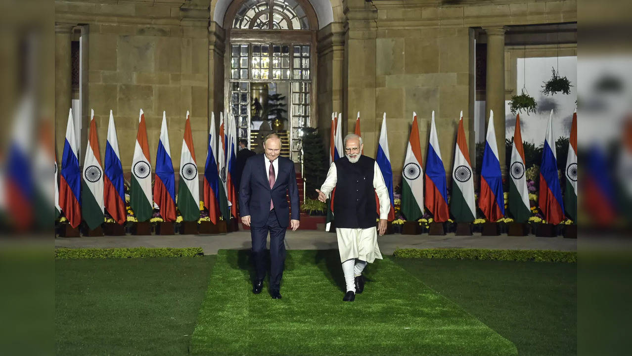 New Delhi: Prime Minister Narendra Modi with Russian President Vladimir Putin as...