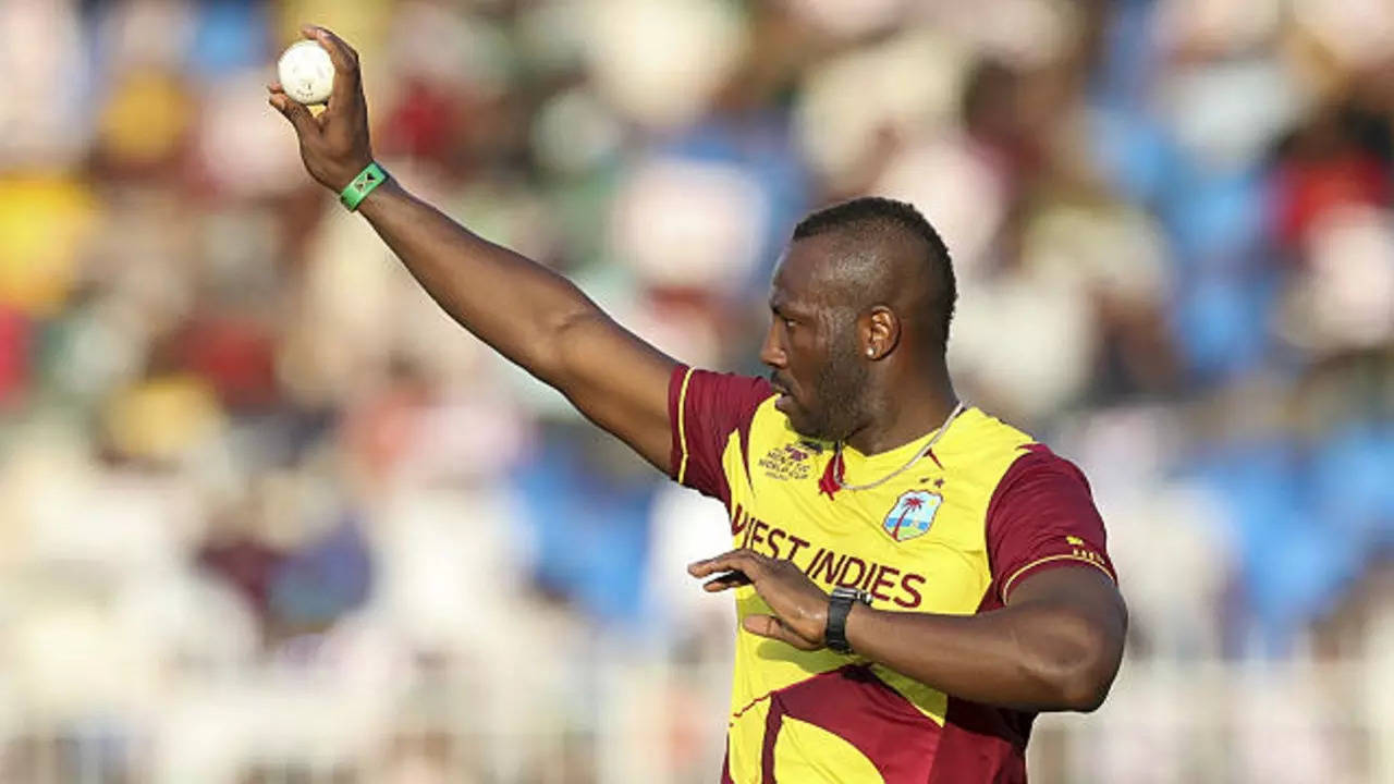 West Indies batsman Andre Russell is bowled out for 20 runs while batting  against New Zealand during their Cricket World Cup quarterfinal match in  Wellington, New Zealand, Saturday, March 21, 2015. (AP