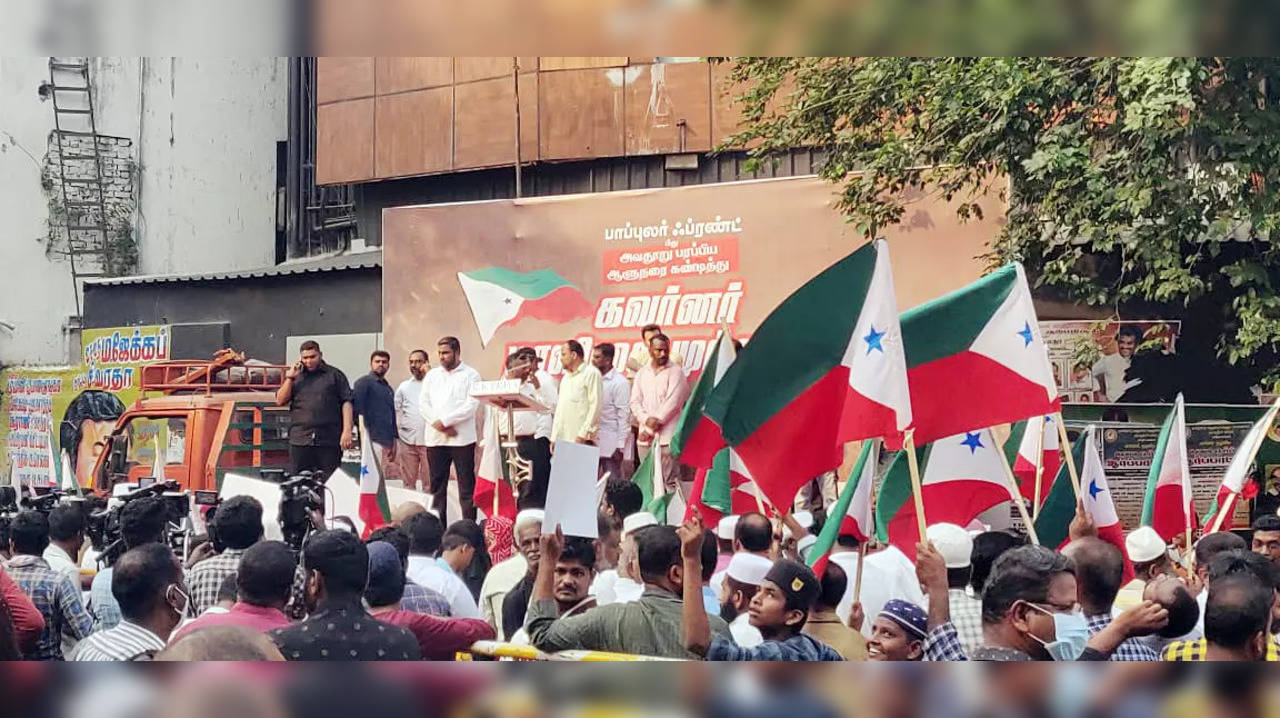 Tamil Nadu, May 07 (ANI): PFI cadres raise slogans during a protest against TN G...