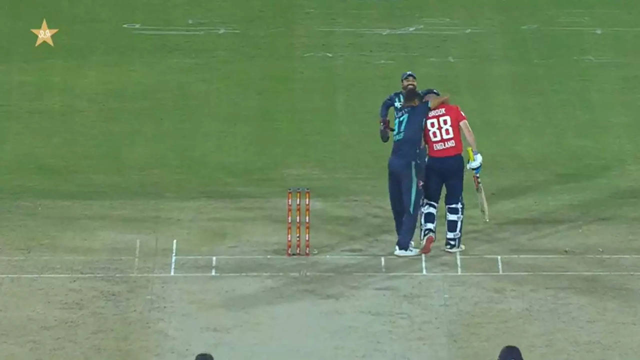 Haris Rauf gave Harry Brook a hug after a delivery from him got stuck in the batter's helmet