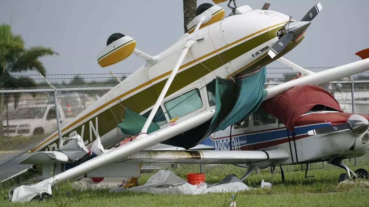 ​An airplane overturned by a likely tornado produced by the outer bands of Hurricane Ian ahead of the storm's landfall.​