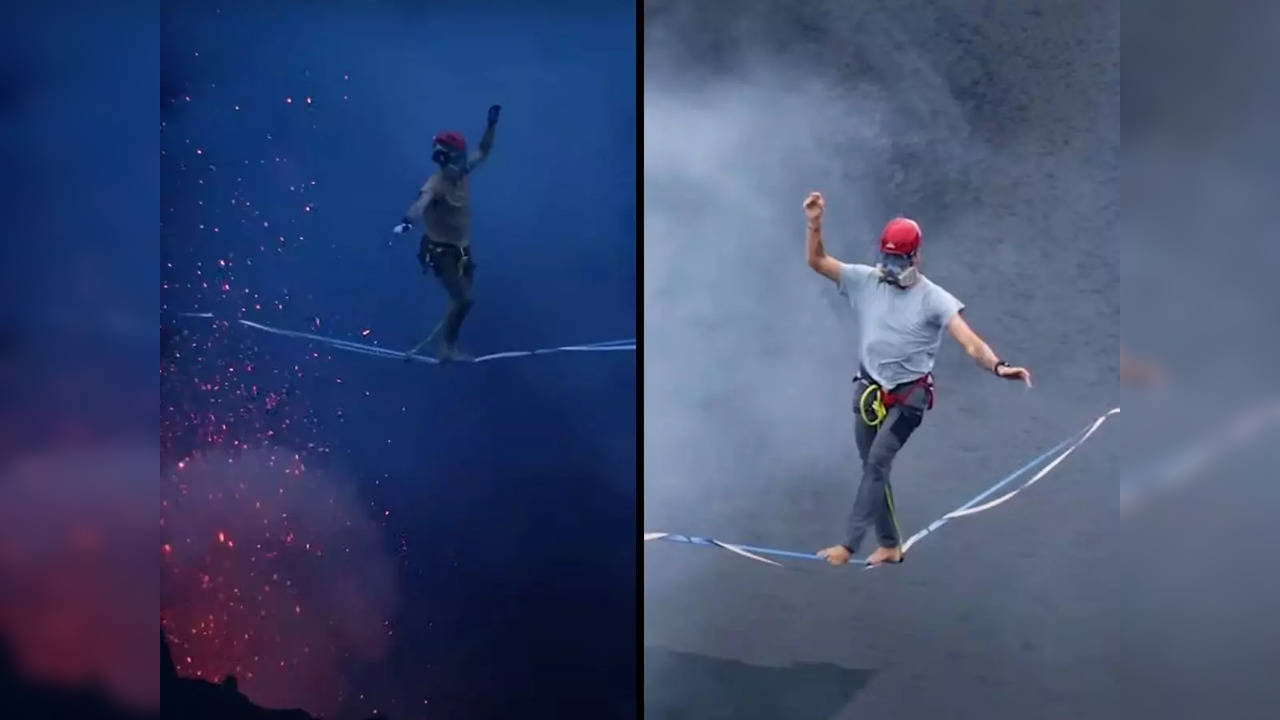 Rafael Bridi and Alexander Schulz walk a slackline over an active volcano | Screengrab from video by Guinness World Records