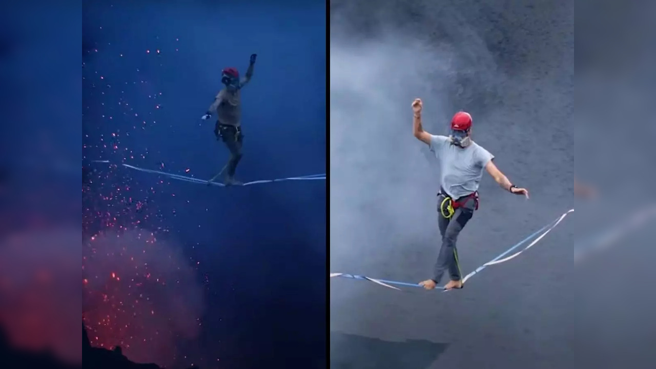 Rafael Bridi and Alexander Schulz walk a slackline over an active volcano | Screengrab from video by Guinness World Records