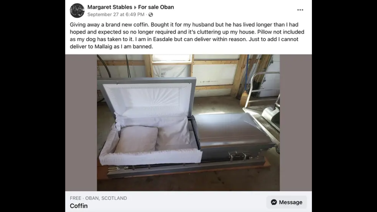 Woman is selling coffin she bought for husband as he 'lives longer than she'd hoped'