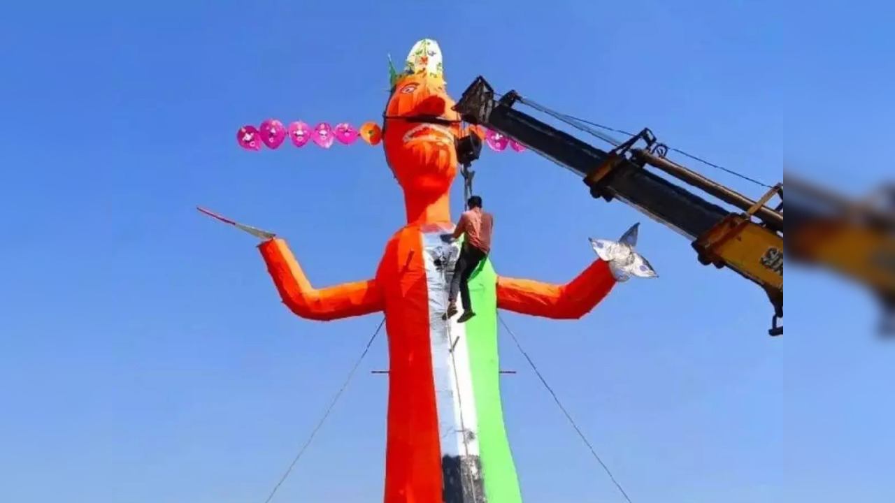 A tricolour Ravan effigy was allegedly installed in Karnal, Haryana for Dahan | Picture courtesy: Chopal TV