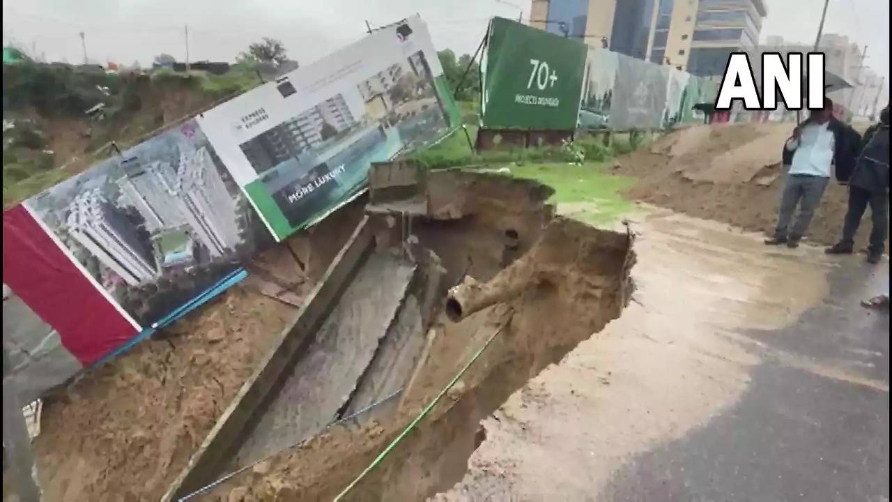 Large part of Express Astra road in UP's Greater Noida caves in amid heavy rainfall, no casualties reported