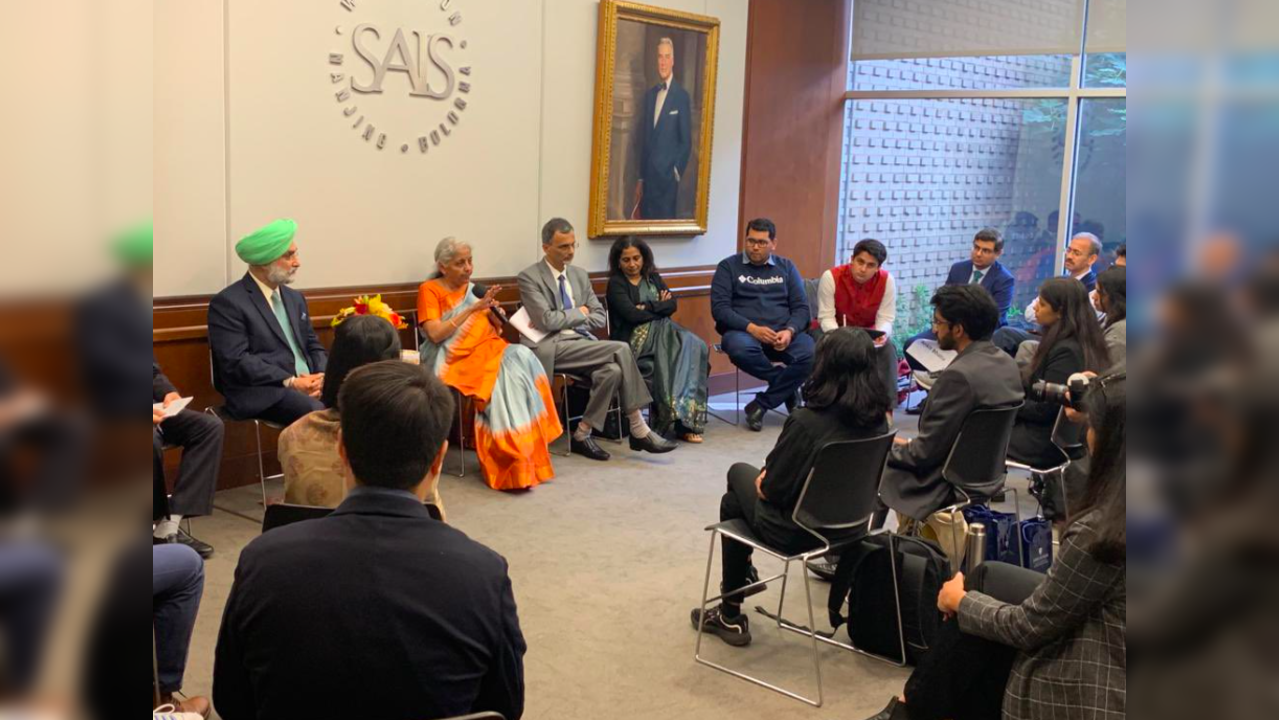 FM Sitharaman addressing students of Johns Hopkins University