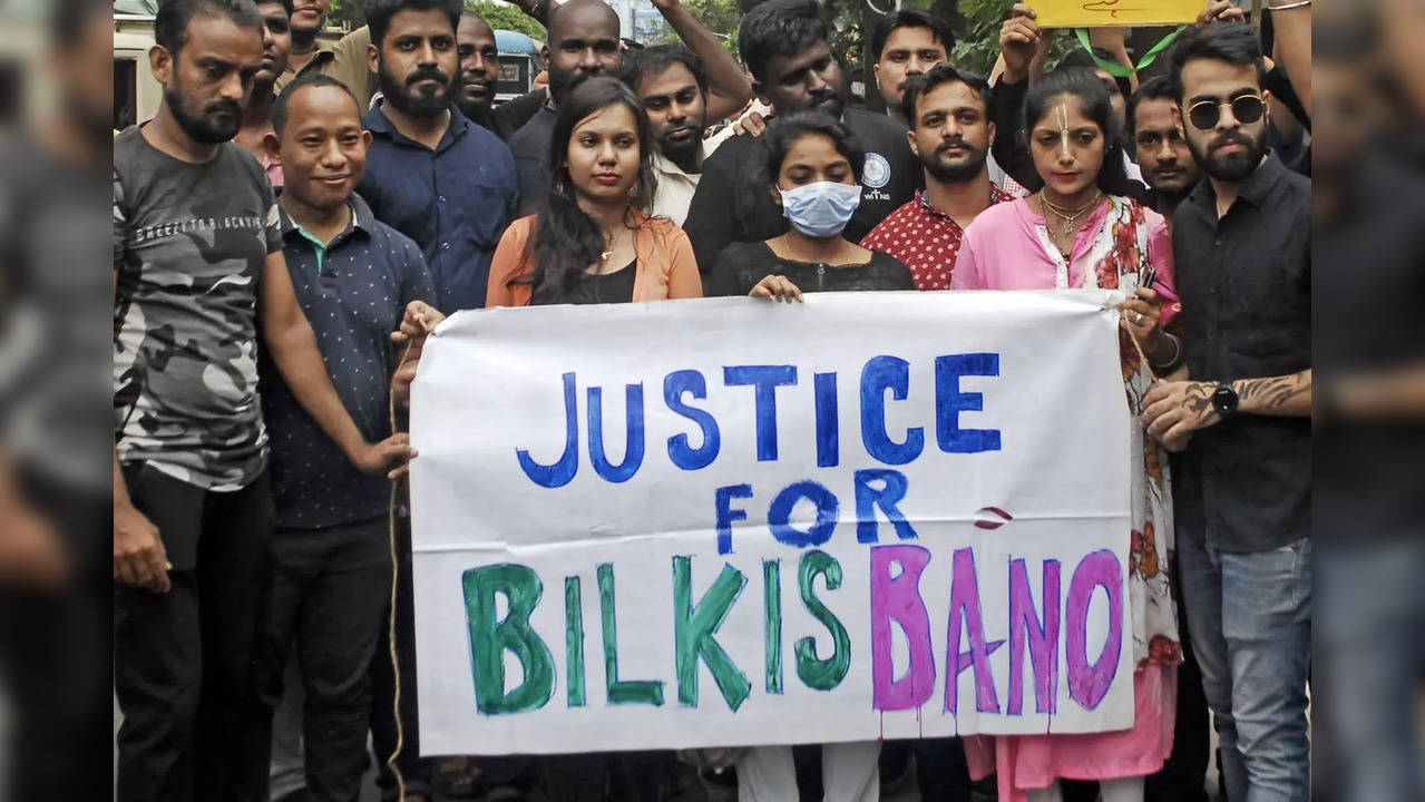 Activists hold placards during protest in support of Bilkis Bano in Kolkata