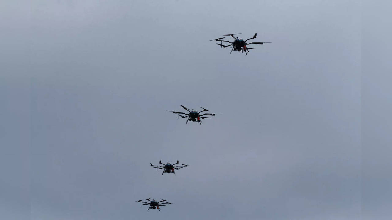 Chennai, Jan 25 (ANI): Unmanned aerial vehicle (UAV) drones on display at the in...