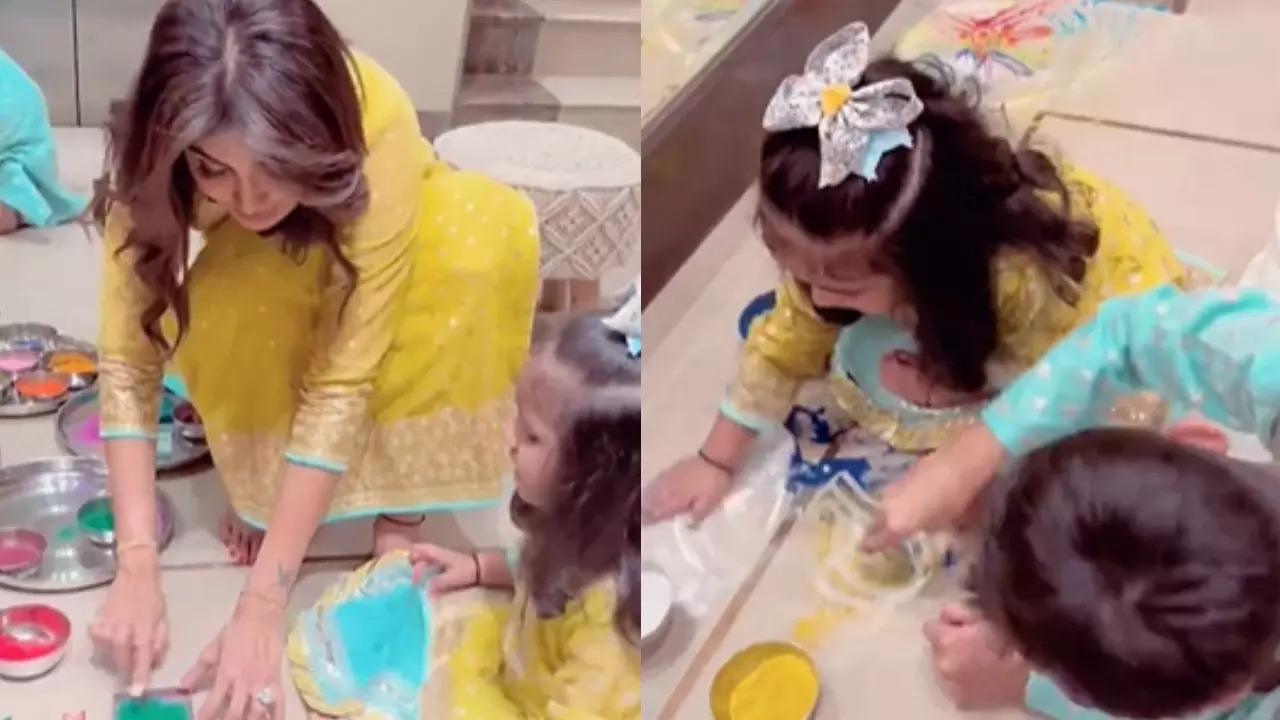 Shilpa Shetty teaches daughter Samisha how to make rangoli; son Viaan's designs leave actress in splits -  watch