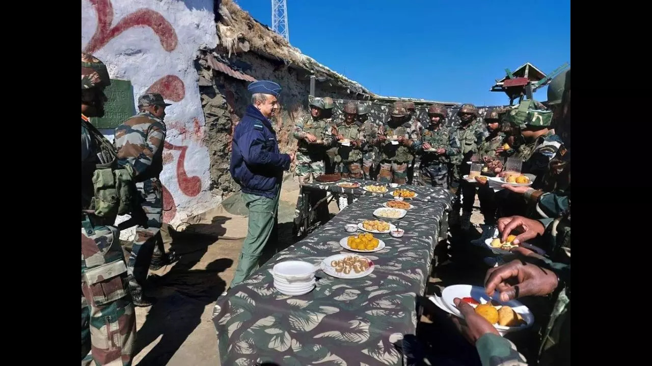 Diwali 2022 CDS General Anil Chauhan and Air Chief Marshal VR Chaudhari celebrate Diwali with troops at LOC in Jammu and Kashmir