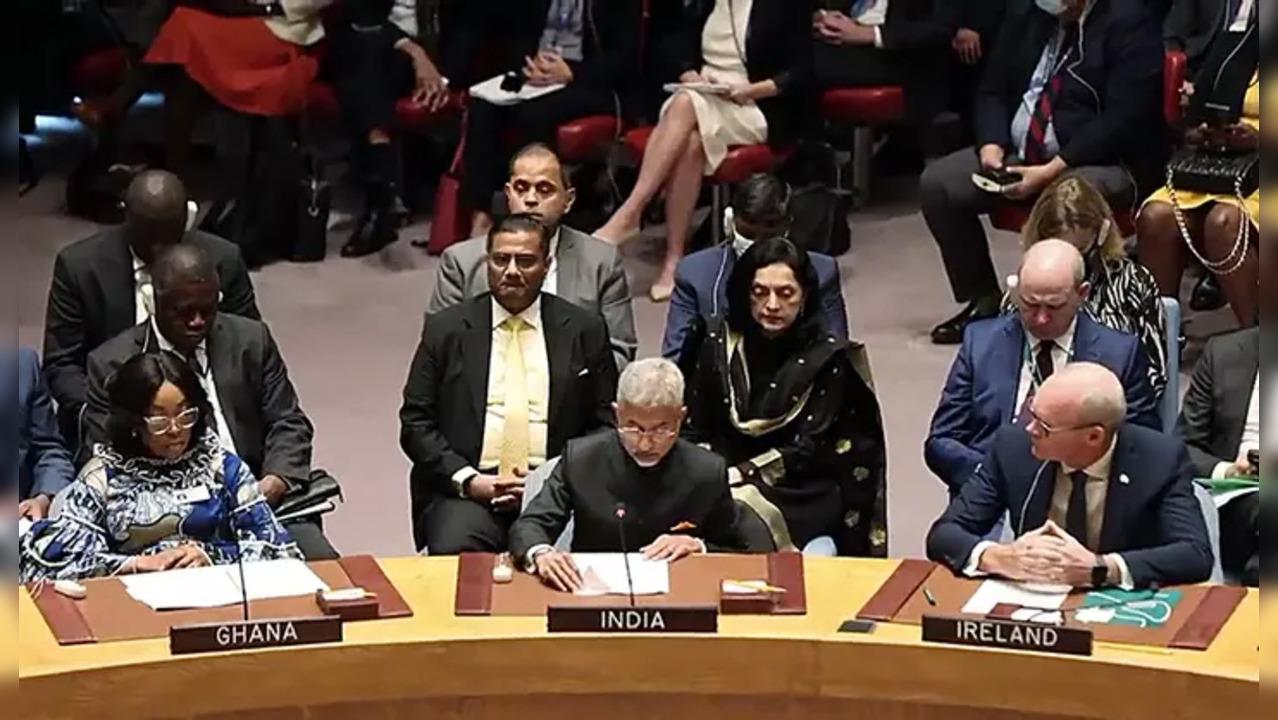 External Affairs Minister S Jaishankar speaks at the UN Security Council session on Ukraine as Ambassador of India to UN Ruchira Kamboj looks on