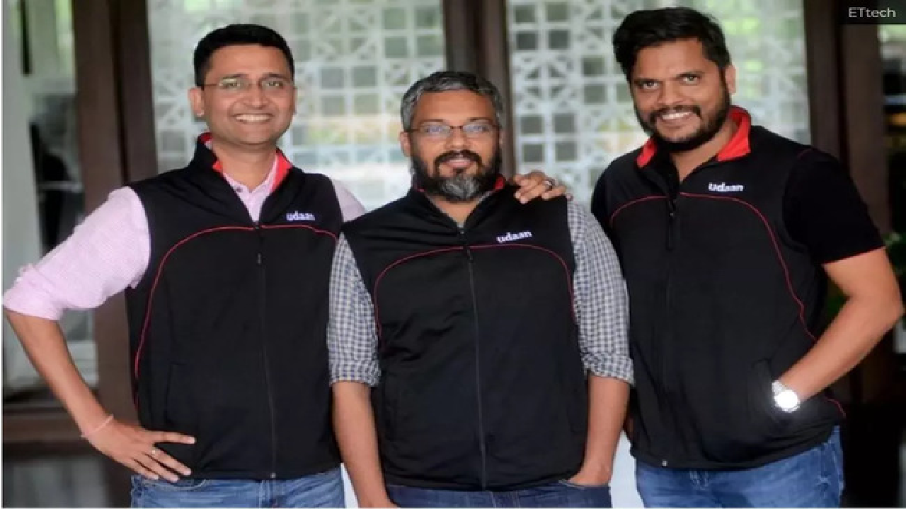 Udaan cofounders (from left) Amod Malviya, Vaibhav Gupta and Sujeet Kumar