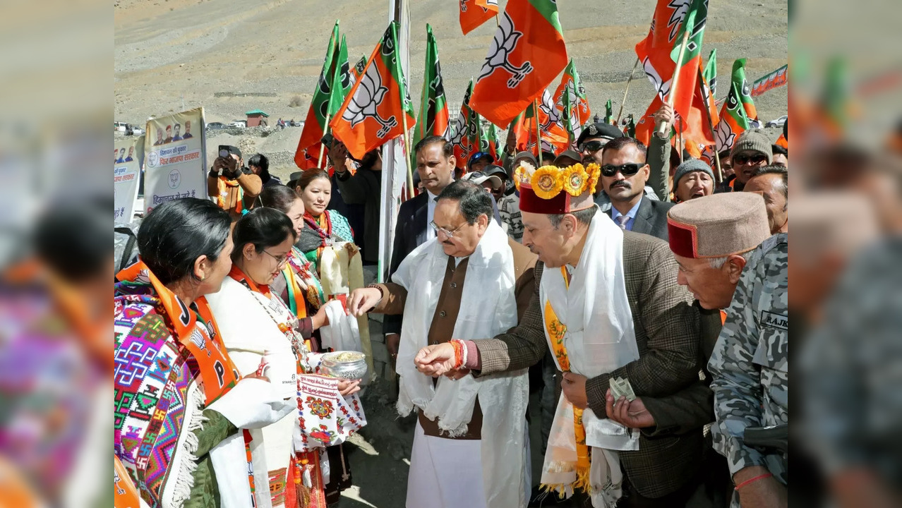 BJP National President JP Nadda during the 'Vijay Sankalp Abhiyan' in Lahaul and Spiti district of Himachal Pradesh