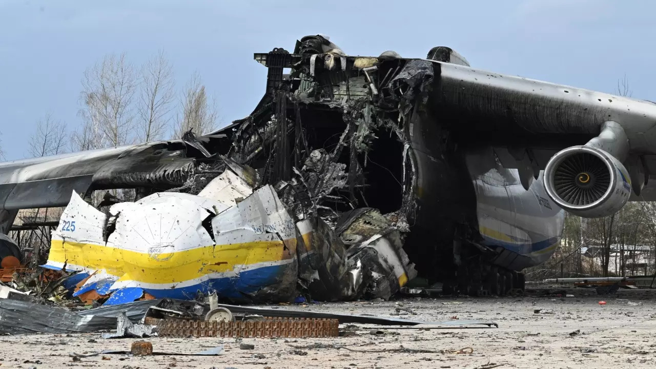 Antonov An-225 Mriya cargo aircraft after it was destroyed by Russian forces in April