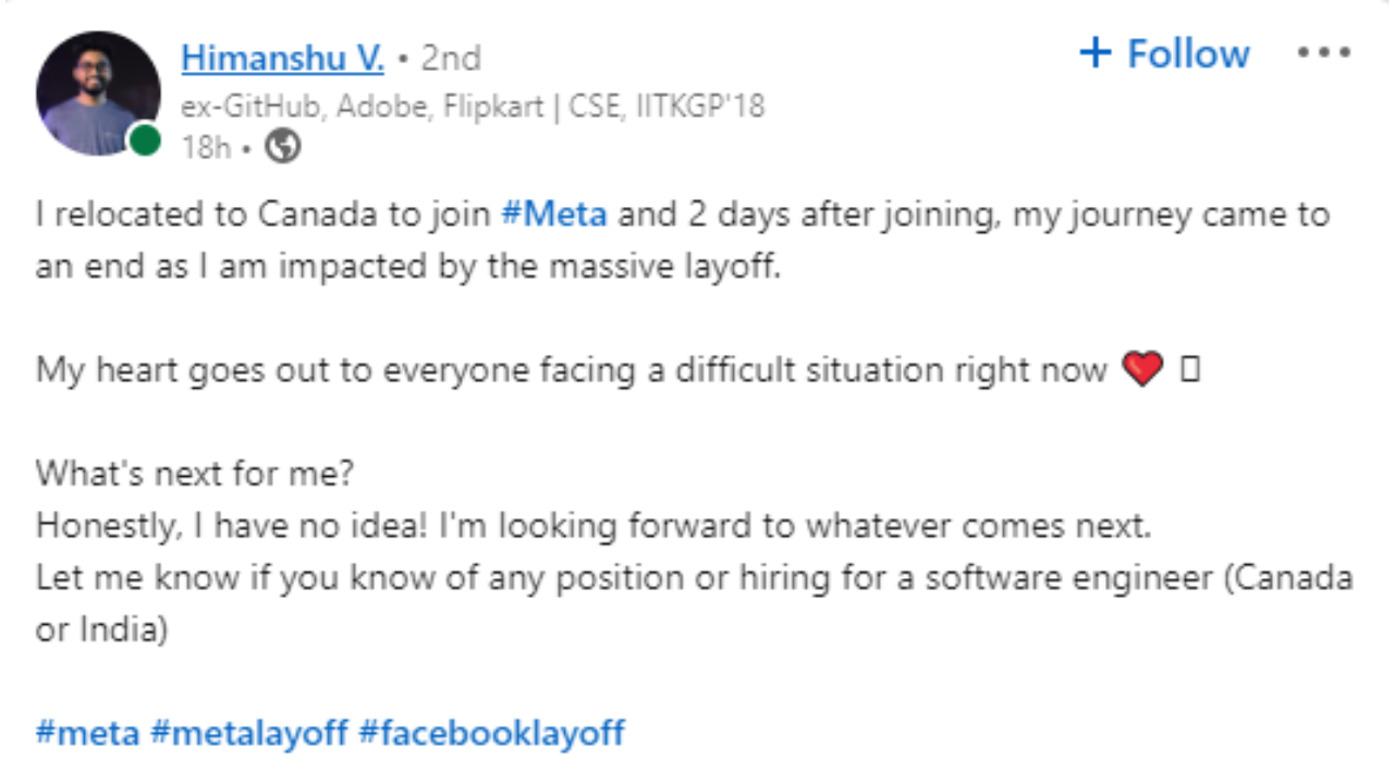 Indian man relocated to Canada for job at Meta, fired 2 days after joining