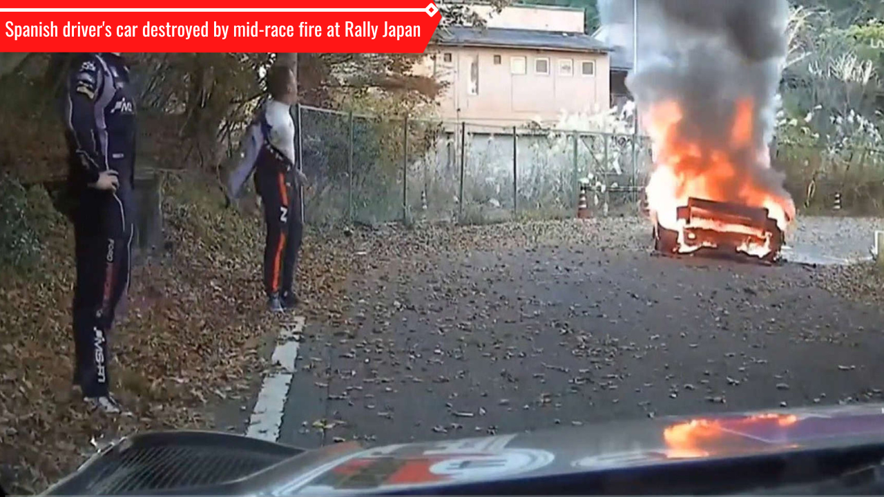 Spanish driver's car destroyed by mid-race fire at Rally Japan