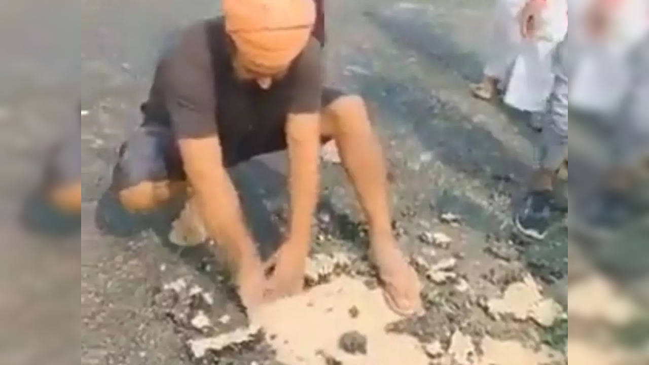 Pilibhit, UP: Man rips apart road built at a cost of Rs 3.8 crore to expose poor quality, corruption | Screenshot