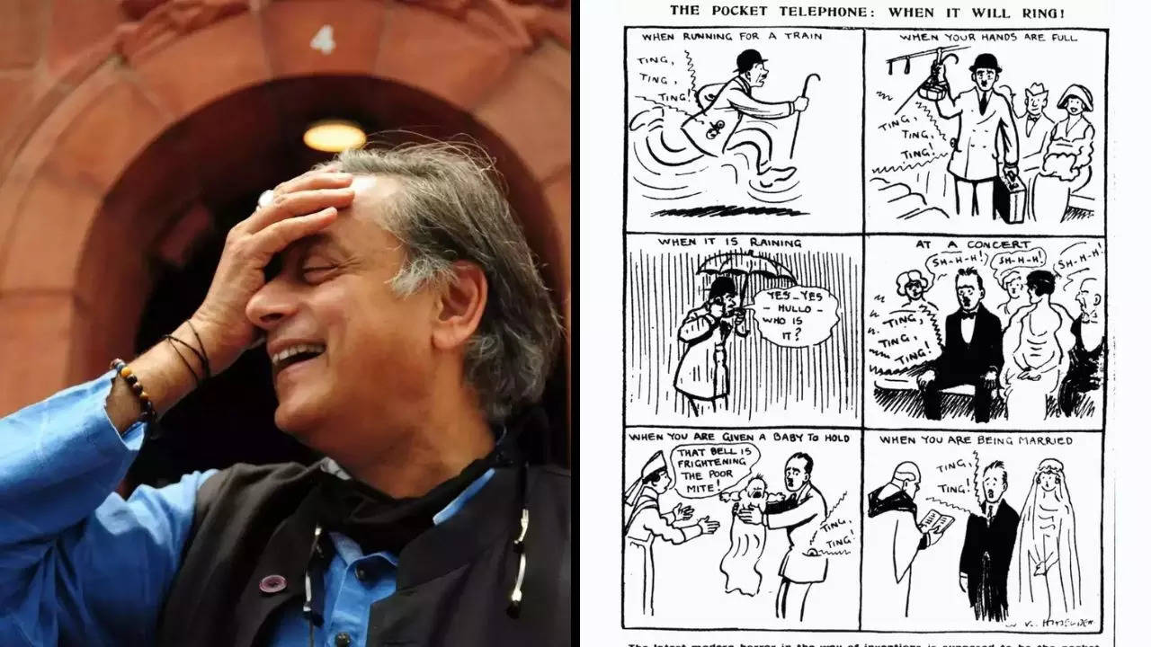 Image description: Left: Shashi Tharoor pictured outside Parliament; right: A cartoon strip titled 'The Pocket Telephone: When It Will Ring' by WK Haselden