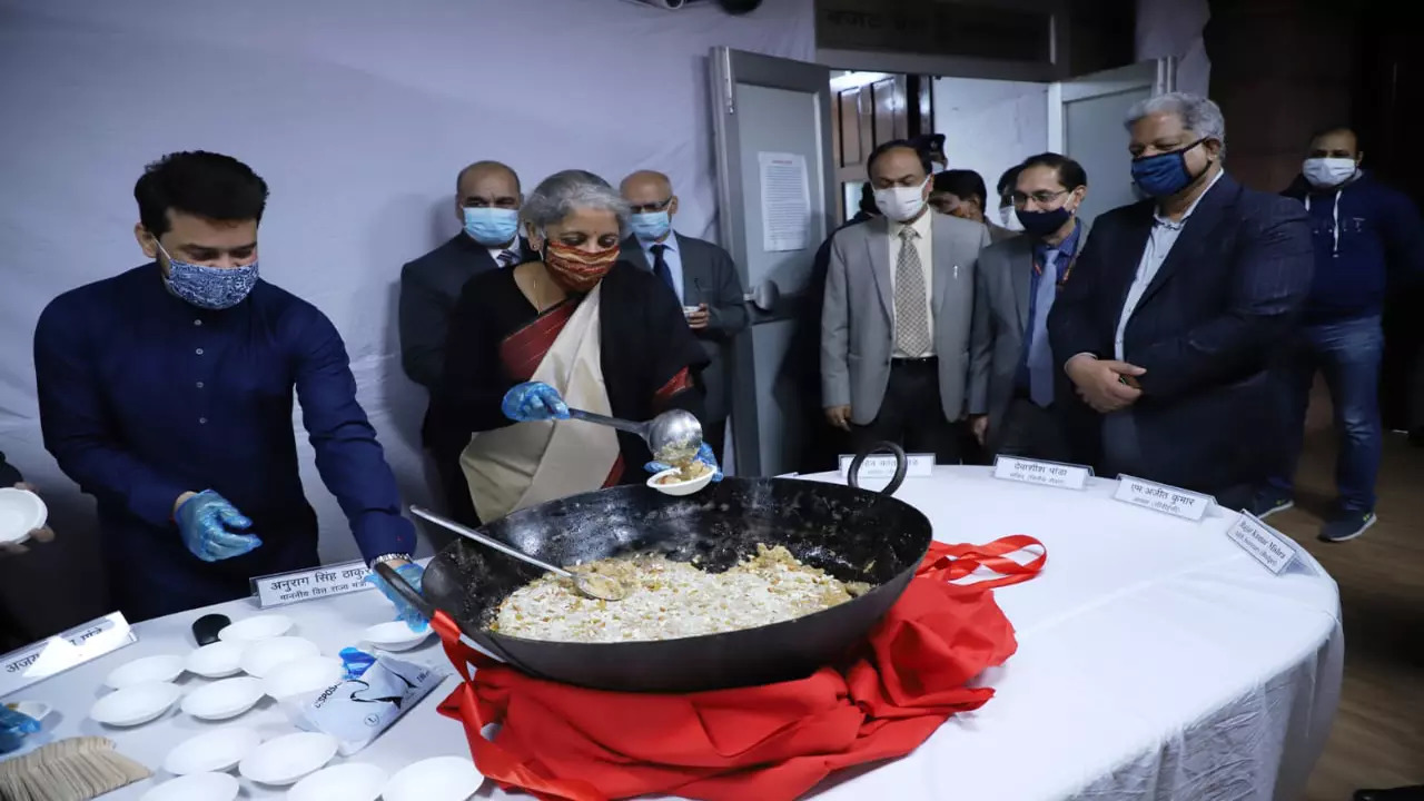 Budget 2022: FM Nirmala Sitharaman taking part in the customary ‘Halwa’ ceremony​ (File photo)