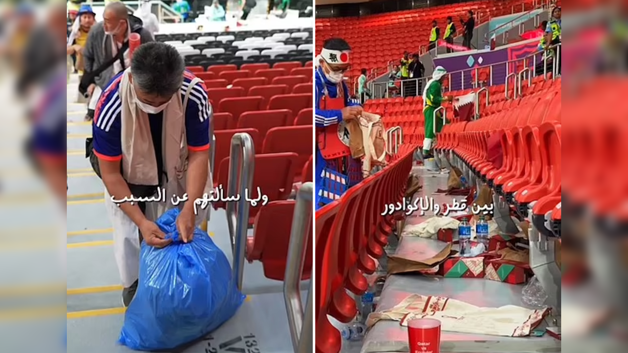 Japanese fans clear rubbish from stadium stands