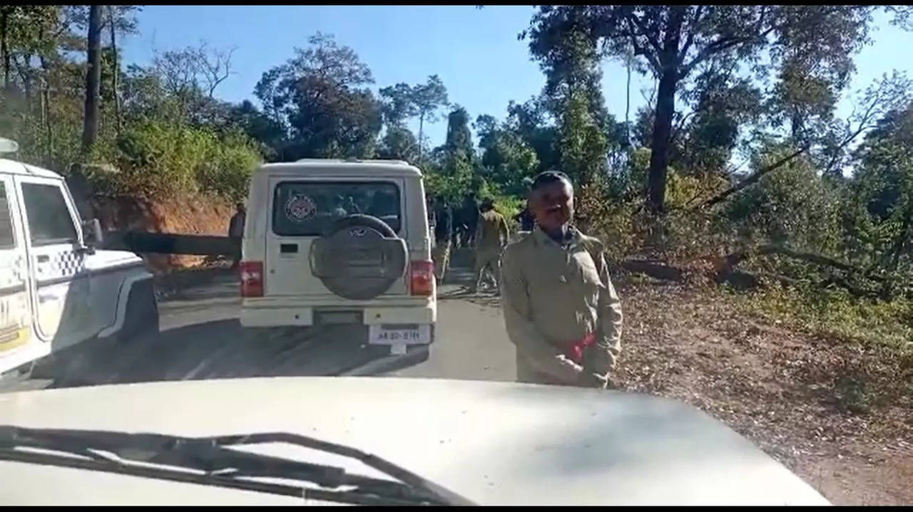 Police at the scene of clash on the  Assam-Meghalaya border.