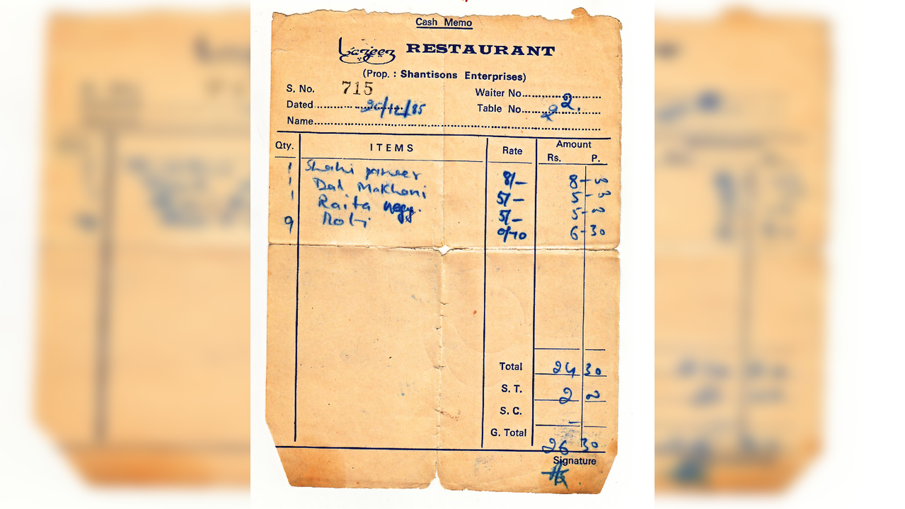 Restaurant bill from 1985