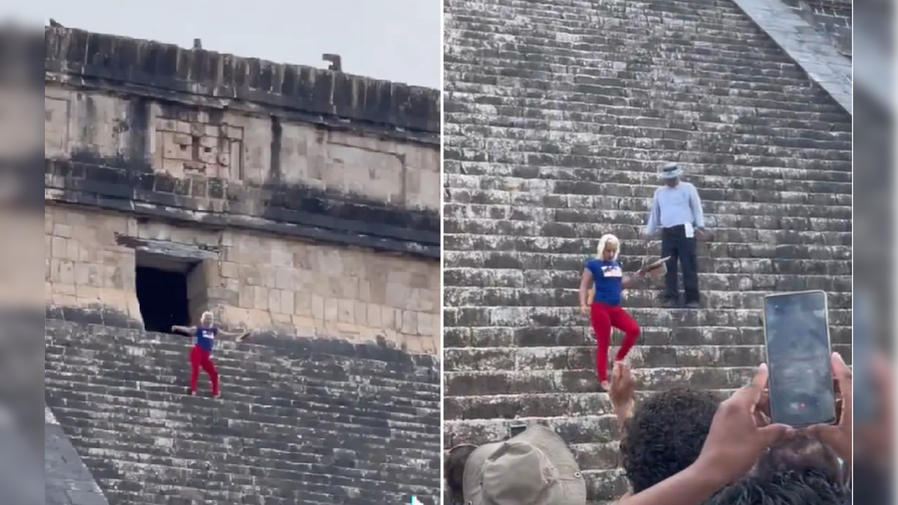 Woman dances on Mayan pyramid