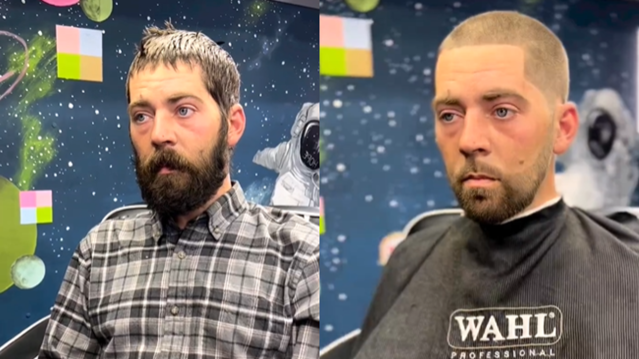Homeless man looks '20 years younger' after kind barber gives him free haircut