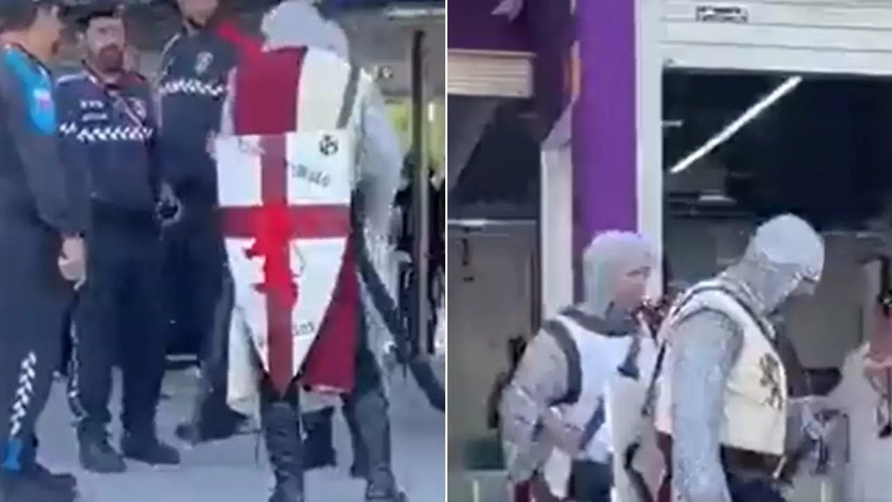 England fans dressed as Crusaders were stopped at security check point at Khalifa stadium