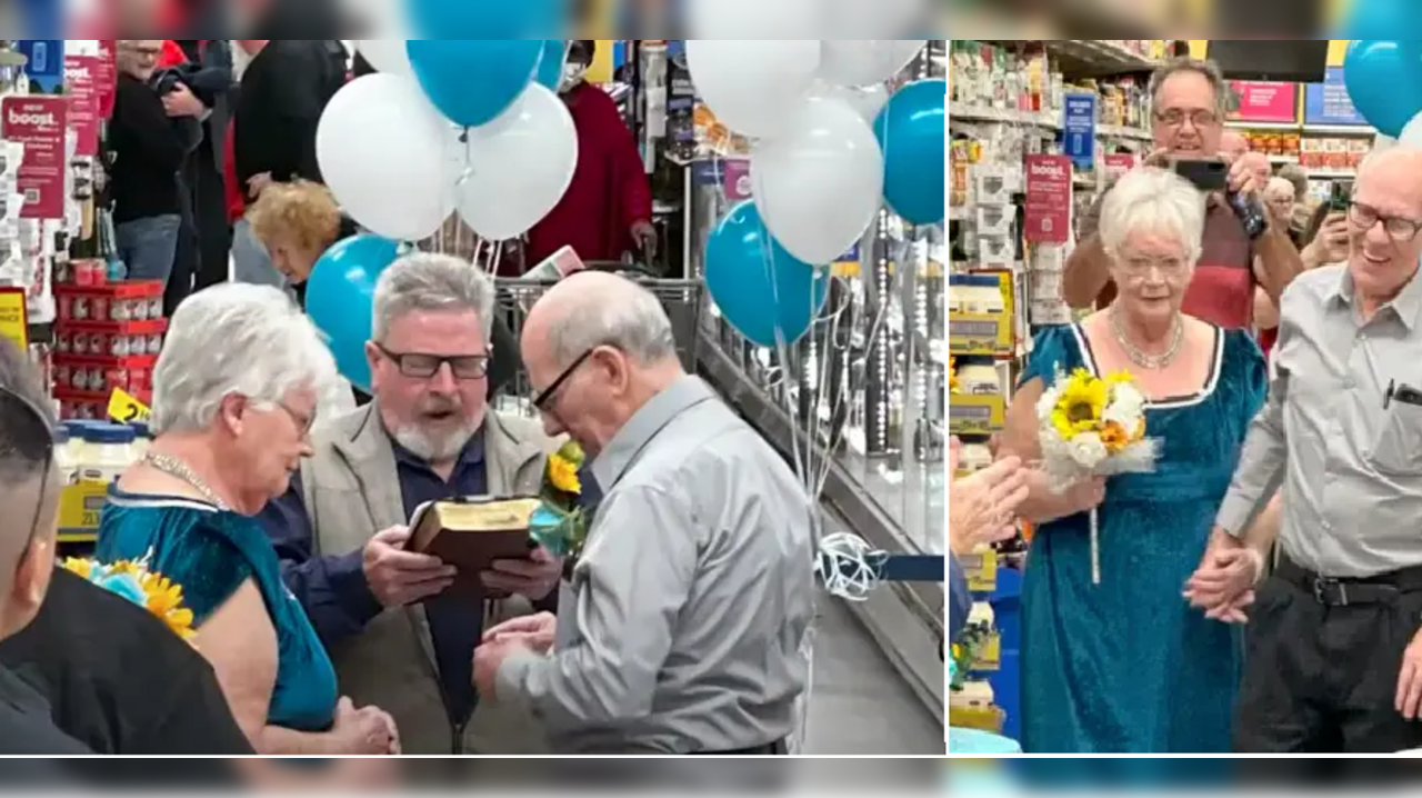 Elderly couple get married at grocery store