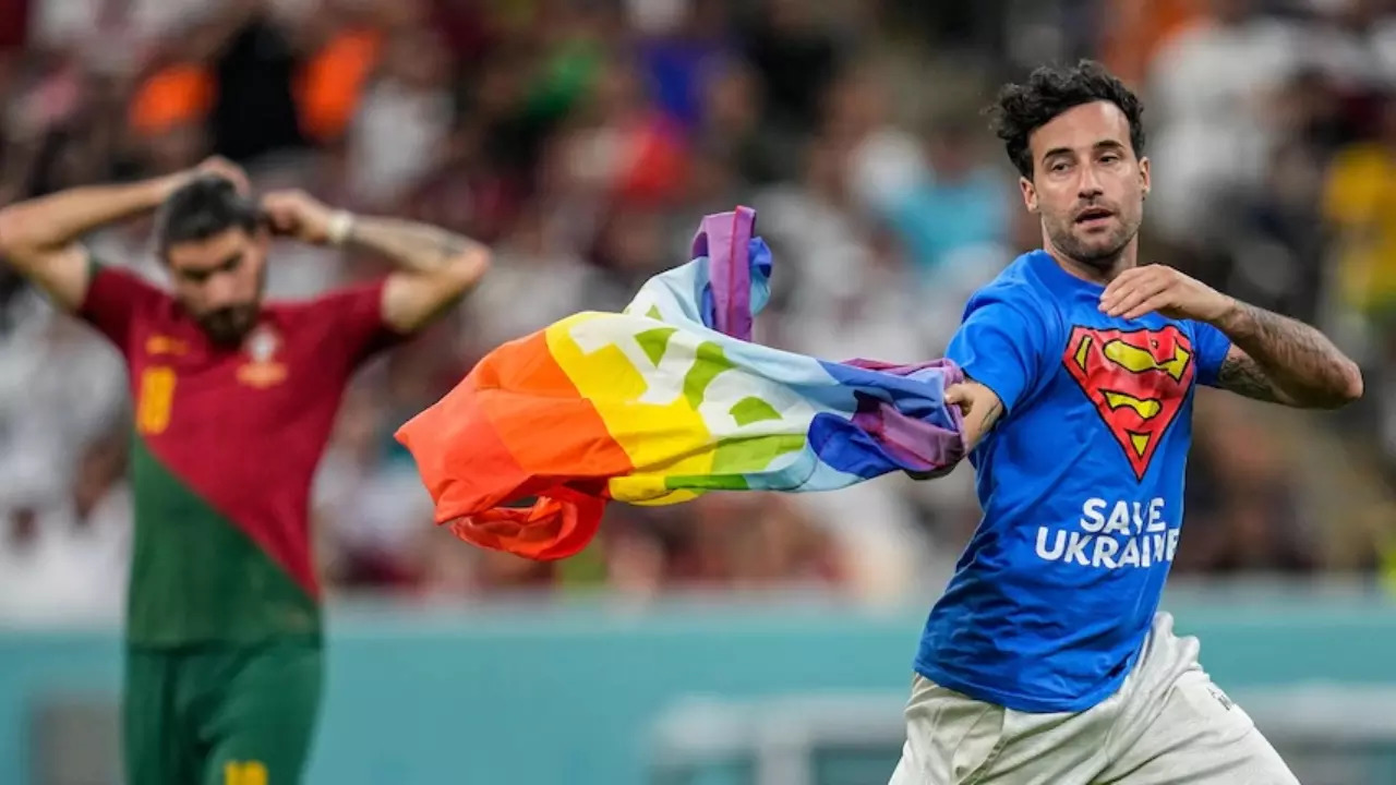 Fan enters pitch during Portugal and Uruguay