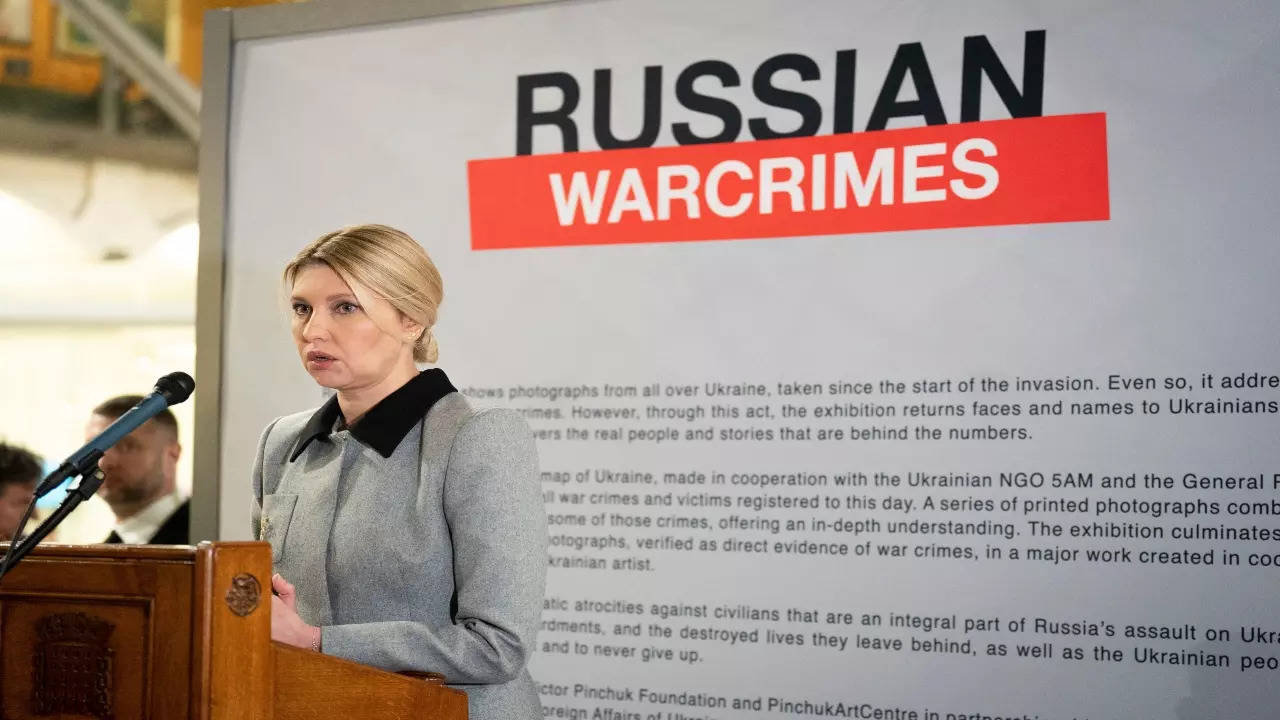 First Lady of Ukraine Olena Zelenska speaks during the opening of a Russian War Crimes exhibition at Portcullis House, London