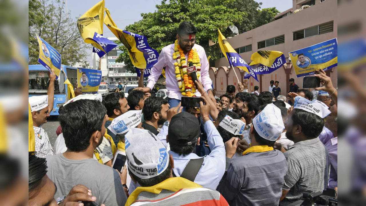 AAP candidate Gopal Italia speaks to media during an election rally at Dabholi Road in Surat