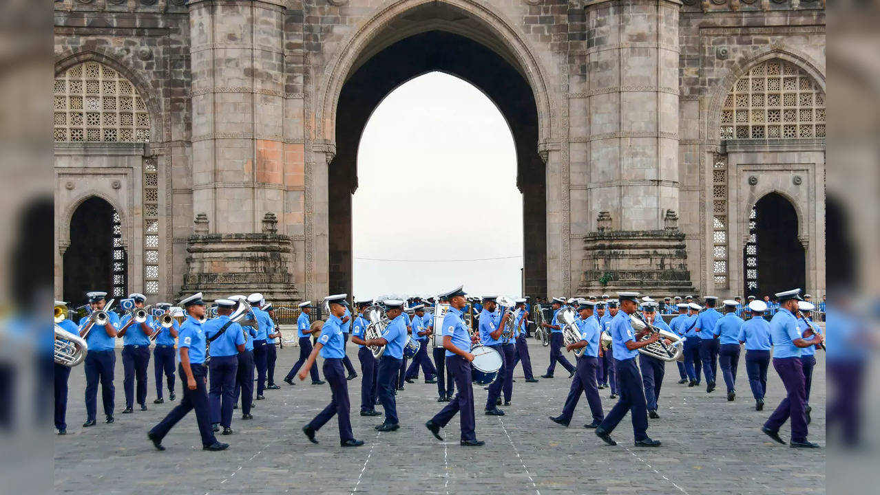 Indian Navy band rehearsal for Navy Day celebrations near the Gateway of India in Mumbai